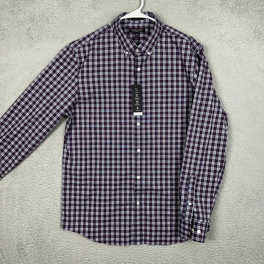 NEW Banana Republic Shirt Mens Large Slim Flex Fit Navy Red Plaid Tech Stretch